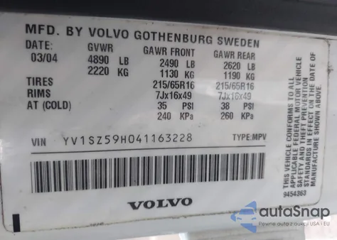 2004 Volvo Xc70 2.5T из США, поврежденный, VIN YV1SZ59H041163228